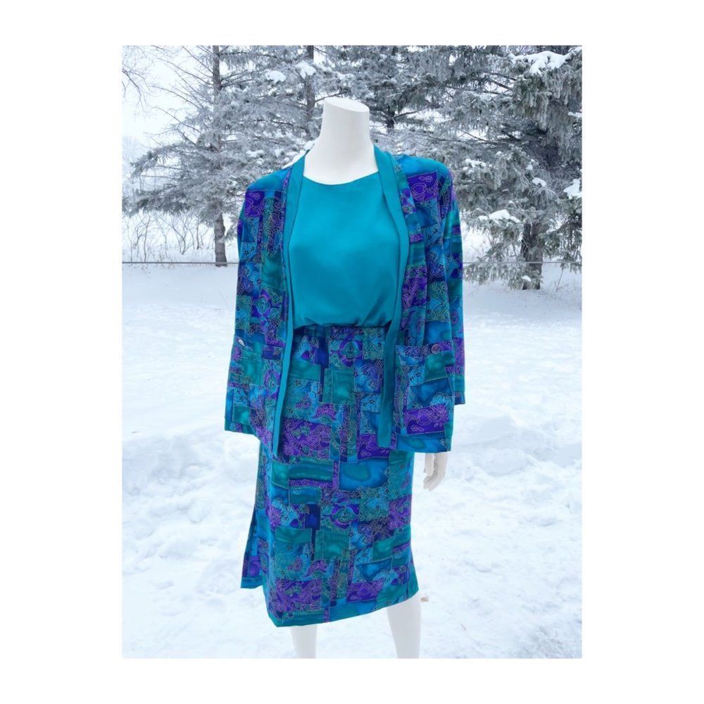 Vintage 90s 3 Piece Skirt Set Teal Purple Sleeveless Blouse